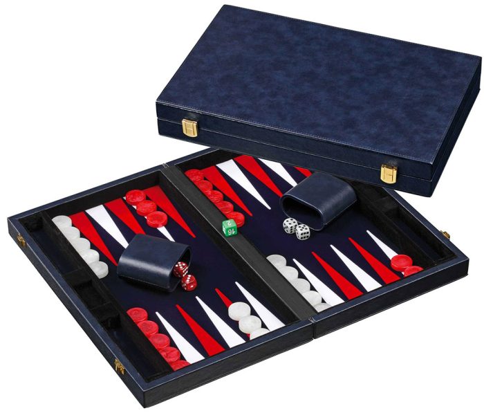 Backgammon feutrine bleue, mallette aspect cuir bleu 38cm