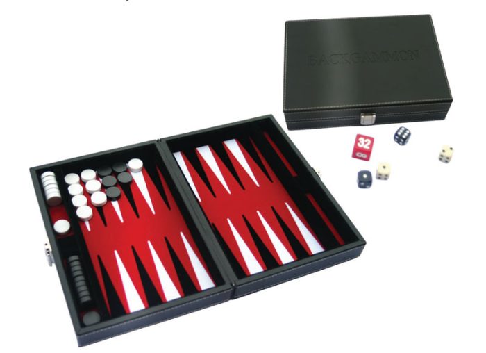 Backgammon magnétique, intérieur feutrine rouge, mallette aspect cuir noir 23cm