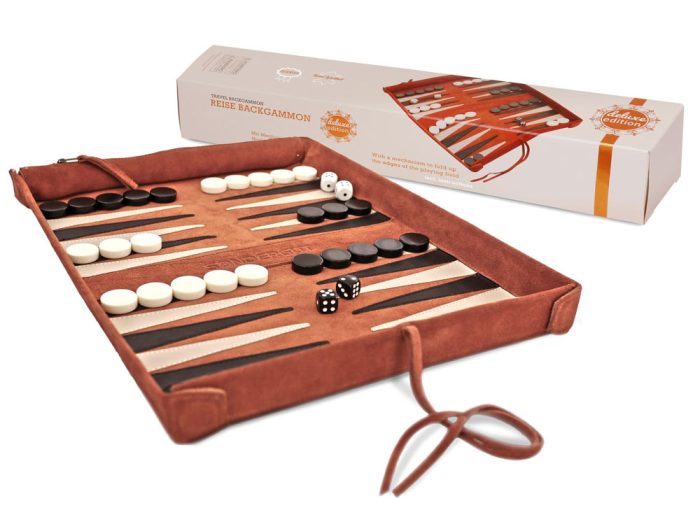 Backgammon de voyage en cuir deluxe Cognac (Sondergut)