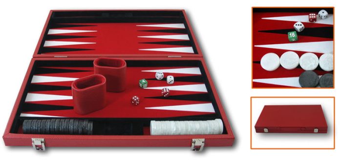 Backgammon feutrine rouge, mallette aspect cuir rouge 46cm