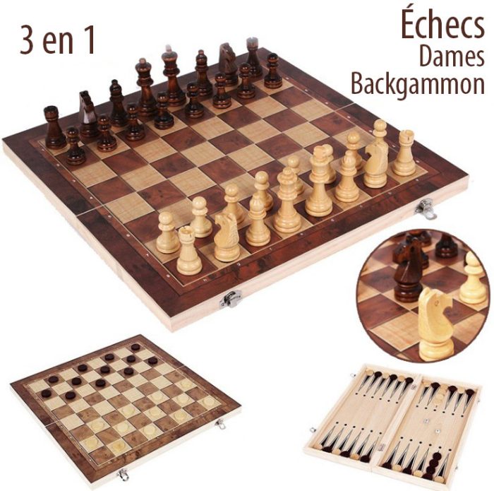 Echiquier 3 en 1 (échecs, dames, backgammon) 30cm